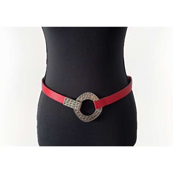 Chicos Leather Belt Extendable Length S/M Red Statement Buckle Boho Festival